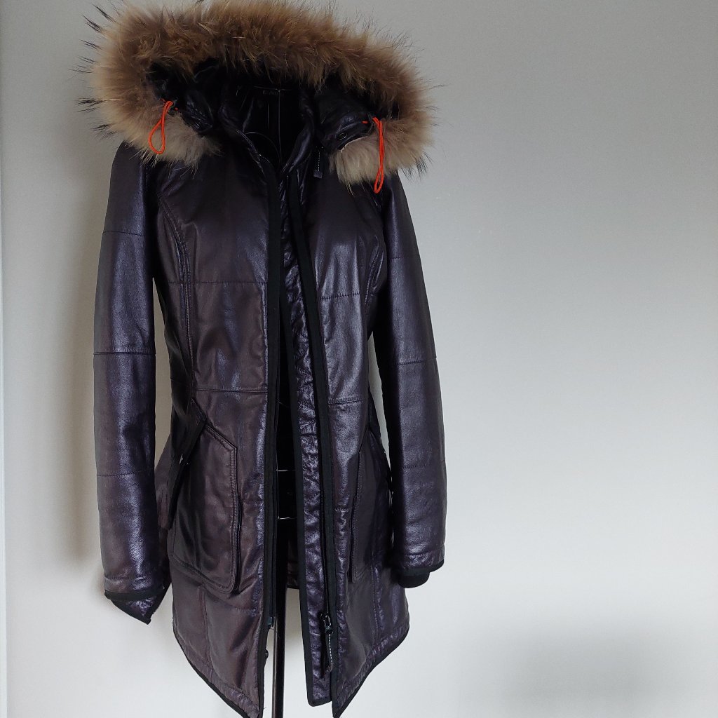 Danier Chloe Leather Fur Collar Purple Lined Jacket Coat Mid Length Sz S/8/Uk12